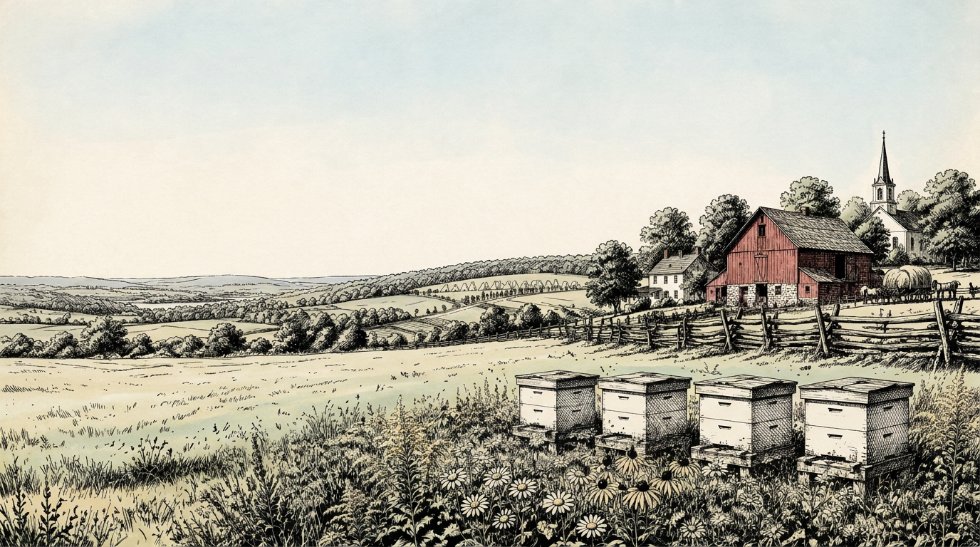 An illustrated row of hives in a wildflower meadow, with a farm and church in the distance